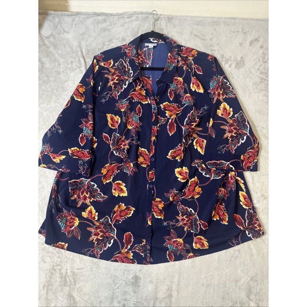 Catherines 3X Blouse Navy Multicolor Leaf Print Stretch Button Front 3/4 Sleeve - Picture 2 of 10